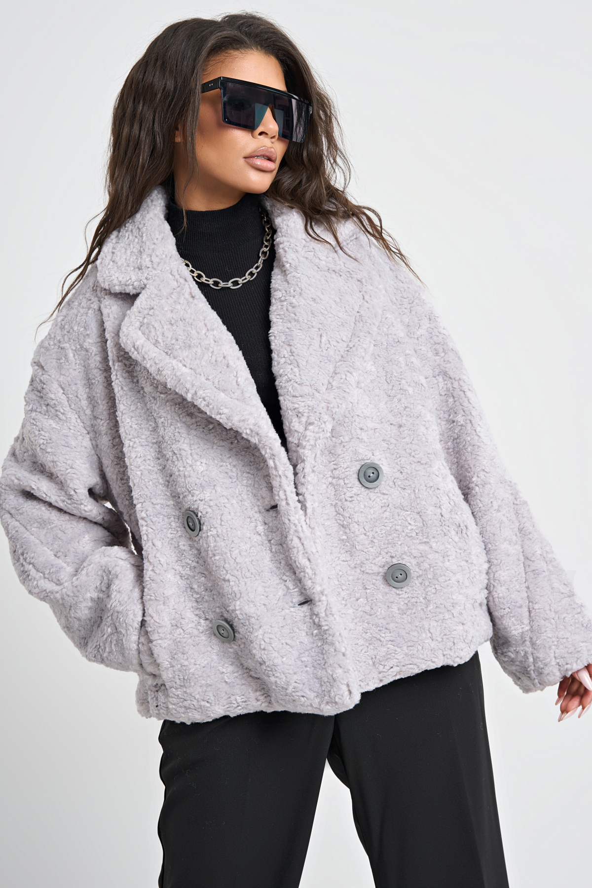 ст. цена4698руб.! Шуба укороченная плюшевая из эко меха лиловый пепел