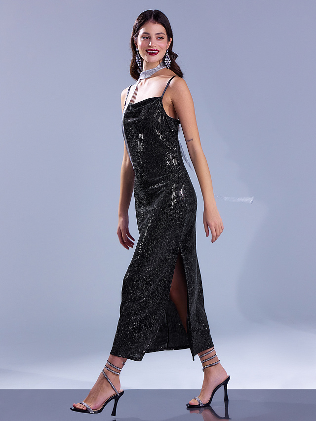 Платье миди черное с пайетками