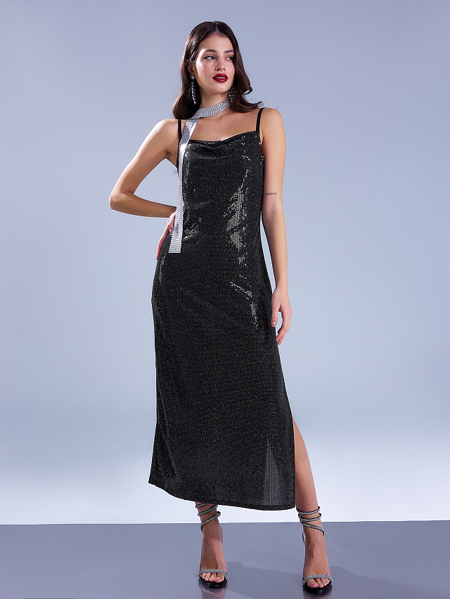 Платье миди черное с пайетками