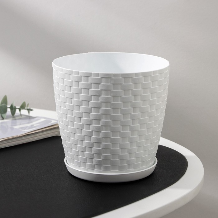 Горшок для цветов с поддоном «Ротанг», 1.2 л, d=13 см, h=12 см, пластиковый, белый