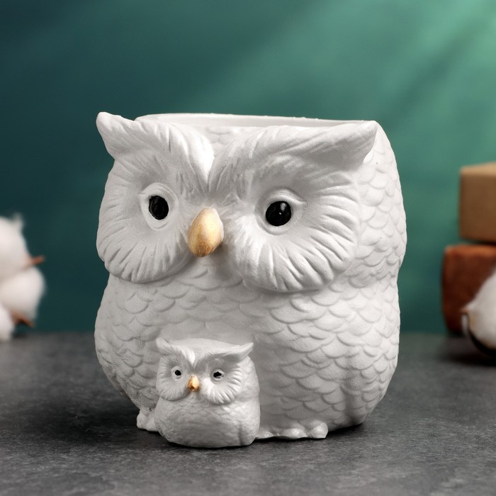 Фигурное кашпо для цветов «Сова с совёнком», 12×14×10 см, гипс, белое