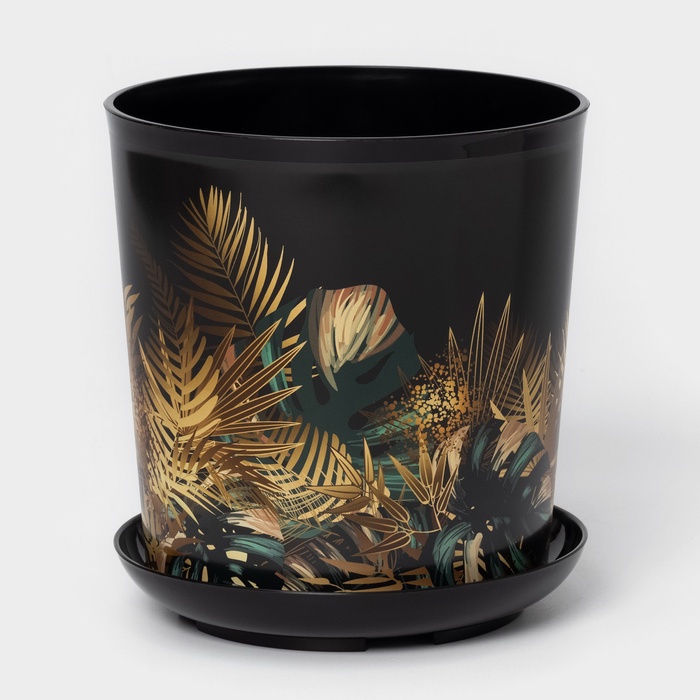 Горшок для цветов с поддоном Доляна «Голди. Листья», 1.6 л, d=14 см, h=15.5 см, пластиковый, цвет чёрный