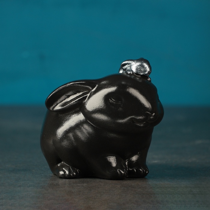 Декоративное кашпо для цветов «Зайчиха с зайчонком», h=9 см, гипс, черное, серебристое