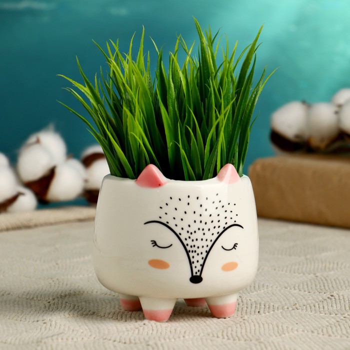 Декоративный горшок для цветов «Счастливый Лисёнок», керамический, 200 мл, 8×8×8 см, на ножках, белый