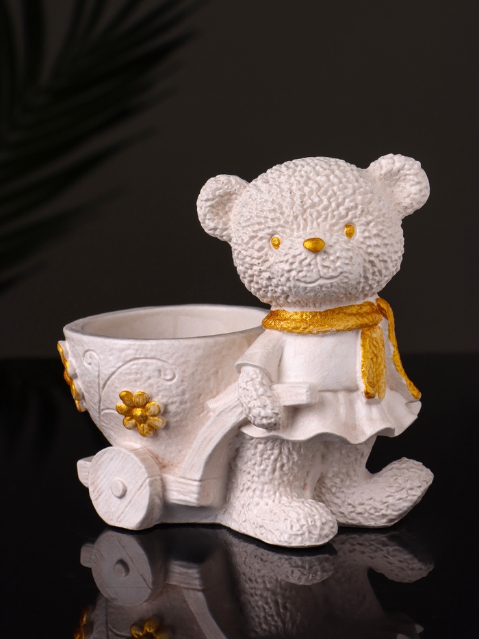 Кашпо гипс «Медведица с тележкой», 10×10×6 см, слоновая кость