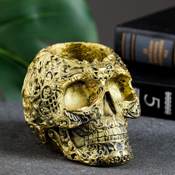 Декоративное кашпо для цветов «Череп цветочный», 80 мл, 7×11×7 см, гипс, золотистое