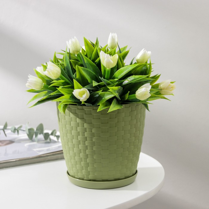 Горшок для цветов с поддоном «Ротанг», 1.2 л, d=13 см, h=12 см, пластиковый, оливковый