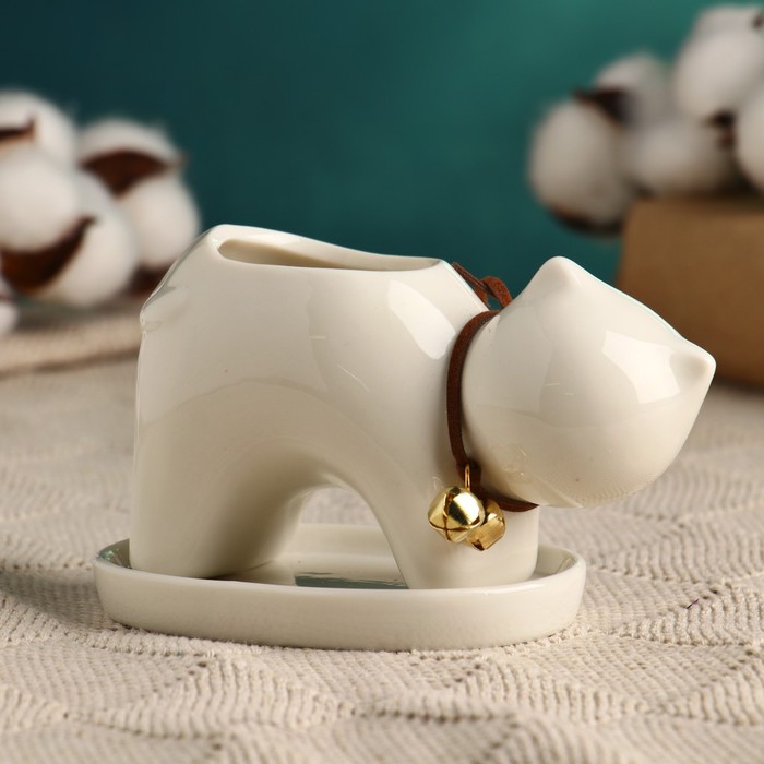 Декоративный горшок для цветов «Котёнок», 150 мл, 11.4×5.3×5.3 см, с поддоном, керамический, белый