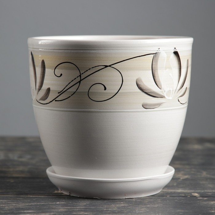 Горшок для цветов «Лотос», 2.5 л, d=19 см, h=18 см, керамика, с поддоном, белый