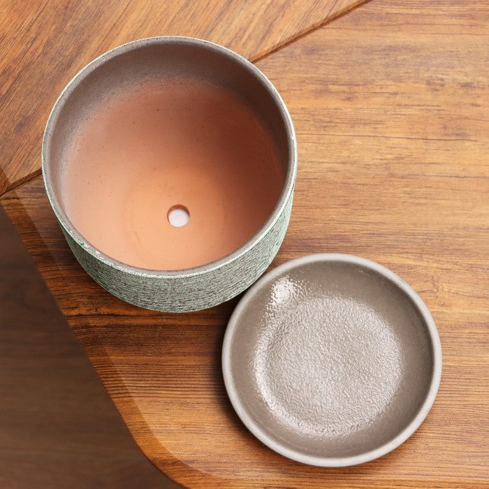 Горшок для цветов «Лоза», 1.6 л, d=15.5 см, h=12.5 см, керамический, с поддоном, серый, зелёный