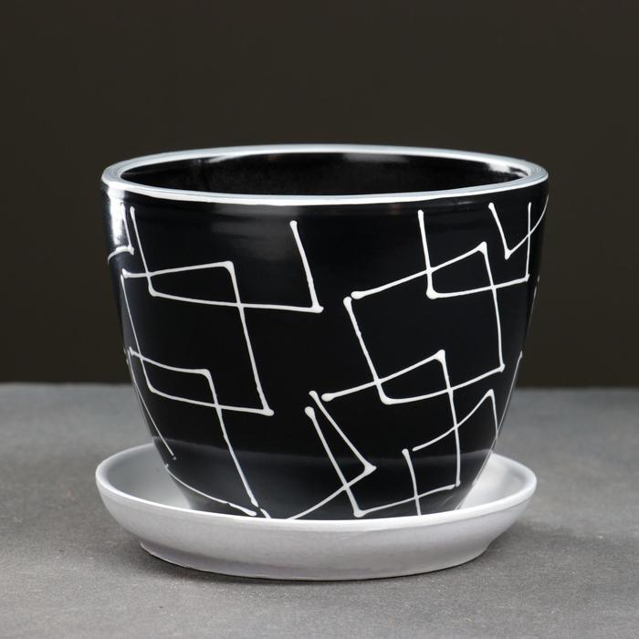 Горшок для цветов «Иллюзия», 1 л, d=15 см, h=13 см, керамика, с поддоном, чёрный