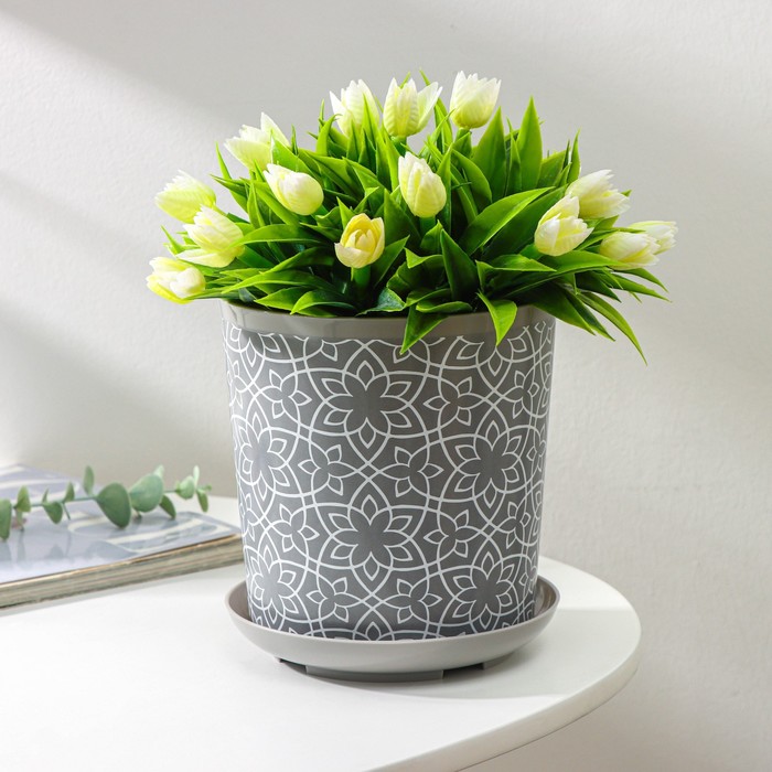 Горшок для цветов с поддоном Доляна «Кракле», 1.6 л, d=14 см, h=15.5 см, пластиковый, серый