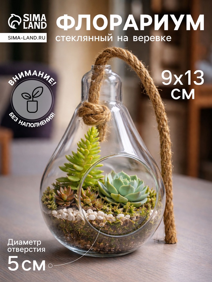 Флорариум «Лампа», с веревкой, d отверстия 5 см, 9×9×13 см, стекло, прозрачный