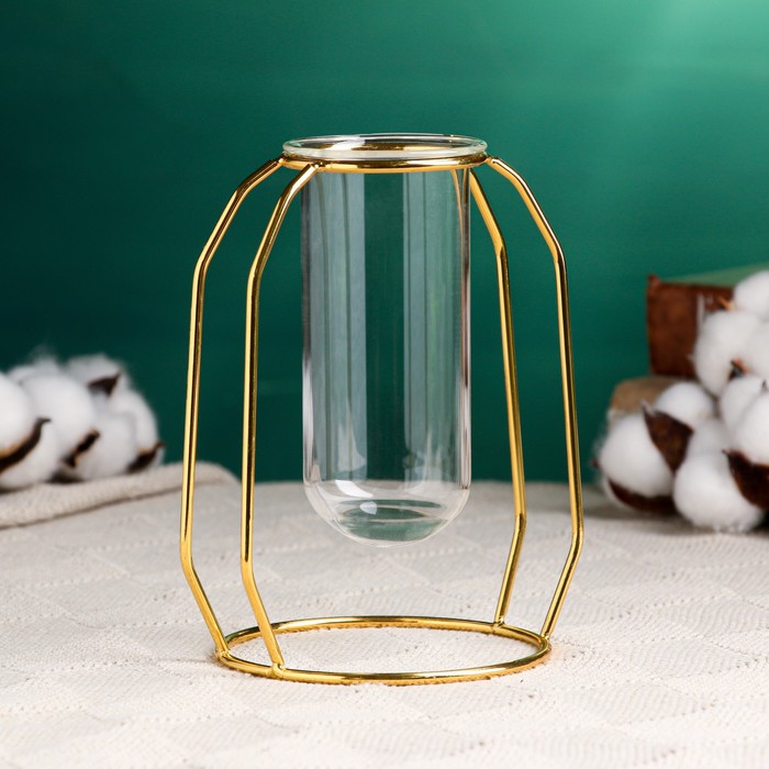 Декоративное кашпо для цветов «Пробирка», 210 мл, d=5 см, h=12 см, стеклянное, на золотистой подставке