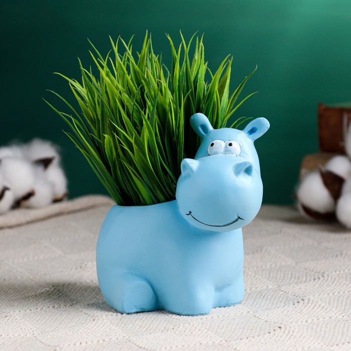 Декоративный горшок для цветов «Бегемотик», полистоун, 100 мл, 12×9×11 см, голубой