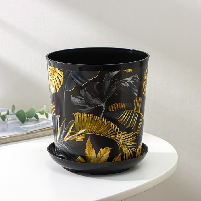 Горшок для цветов с поддоном Доляна «Голди.Тропики», 1.6 л, d=14 см, h=15.5 см, пластиковый, цвет чёрный
