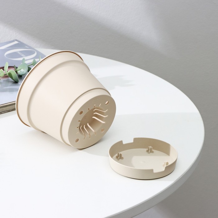 Горшок для цветов с поддоном Mint, 700 мл, d=12 см, h=9.4 см, пластиковый, светло-бежевый