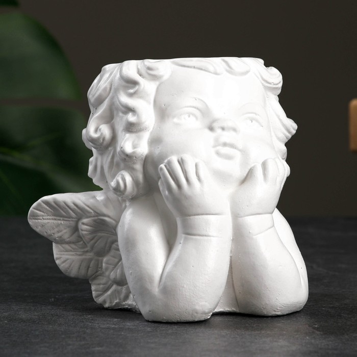 Декоративное кашпо для цветов «Мечтающий ангел», 90 мл, h=10 см, гипс, белое