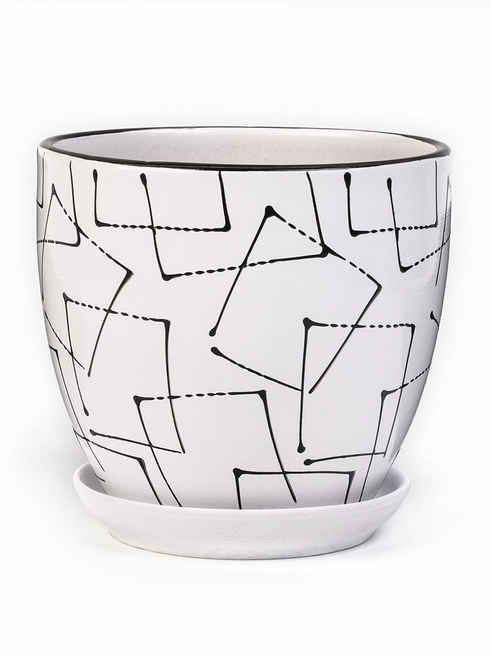 Горшок для цветов «Иллюзия», керамический, с поддоном, 2.5 л, белый с геометрическим орнаментом