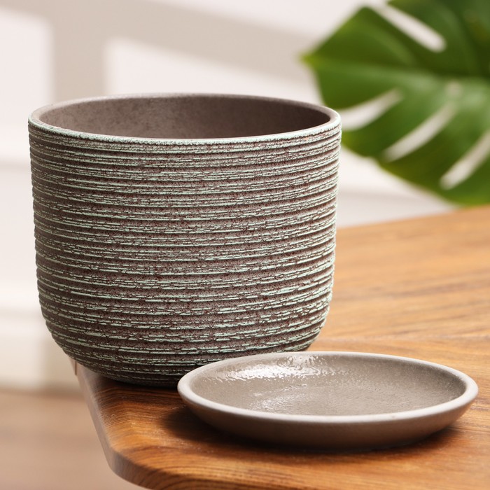 Горшок для цветов «Лоза», 1.6 л, d=15.5 см, h=12.5 см, керамический, с поддоном, серый, зелёный