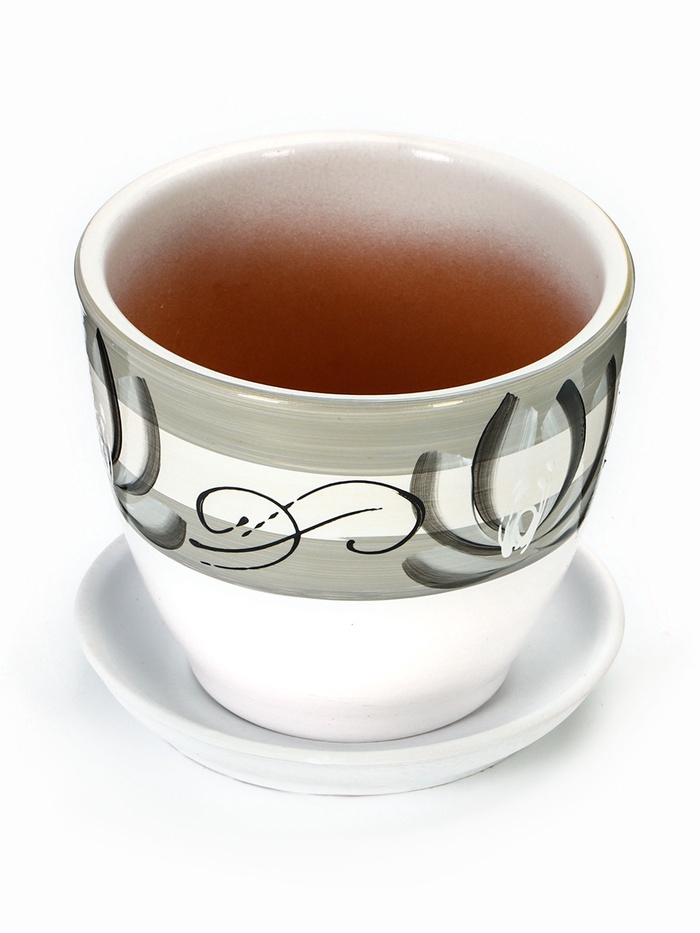 Горшок для цветов «Лотос», керамический, с поддоном, 1.1 л, белый с зелёными полосками