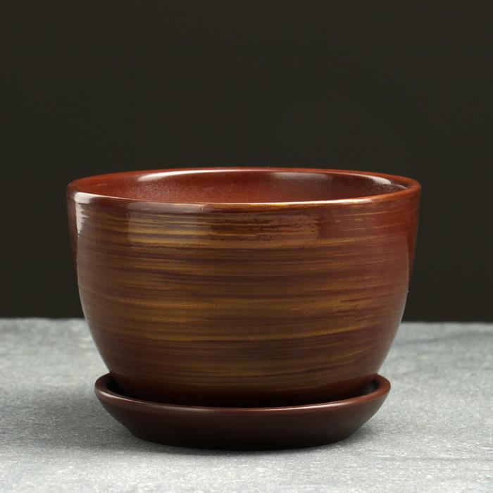 Горшок для цветов «Саванна», 750 мл, d=14 см, h=10 см, керамика, с поддоном, коричневый