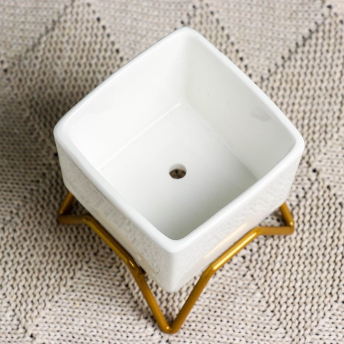 Горшок для цветов «Куб», 100 мл, 5.4×5.1×3.7 см, керамический, на золотистой металлической подставке, белый