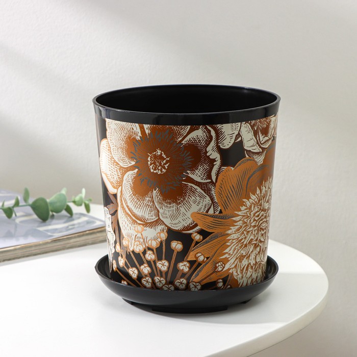 Горшок для цветов с поддоном Доляна «Голди.Птицы», 1.6 л, d=14 см, h=15.5 см, пластиковый, цвет чёрный