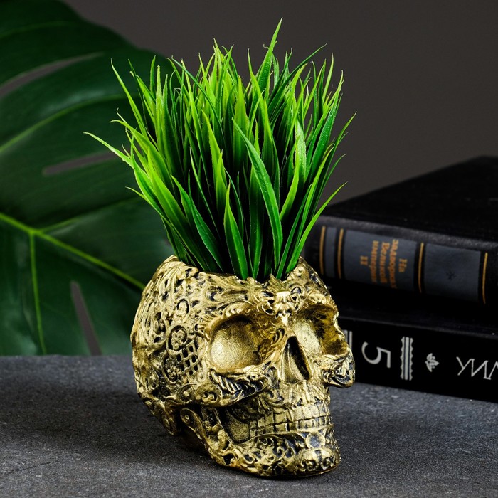 Декоративное кашпо для цветов «Череп цветочный», 80 мл, 7×11×7 см, гипс, золотистое