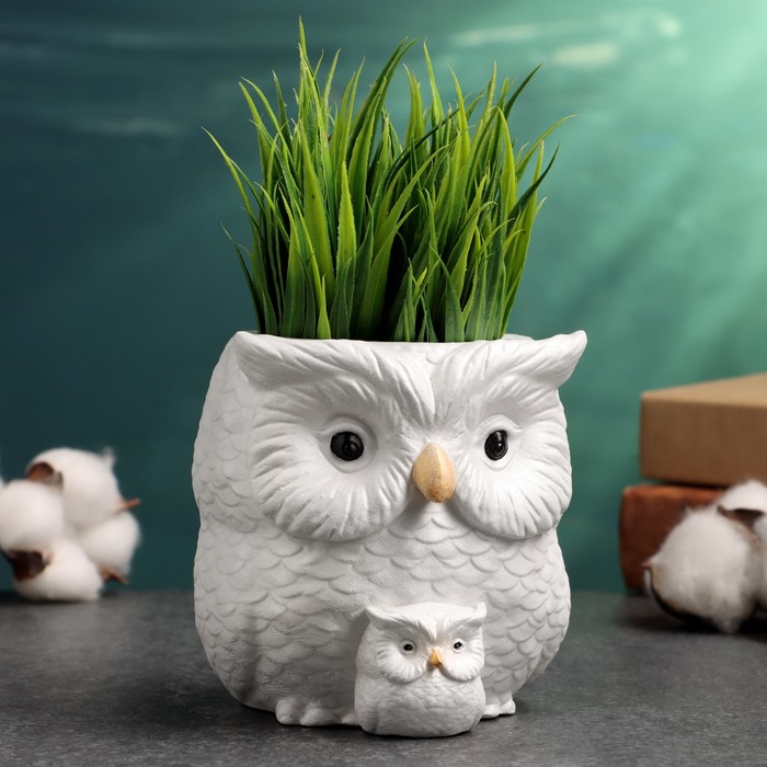 Фигурное кашпо для цветов «Сова с совёнком», 12×14×10 см, гипс, белое