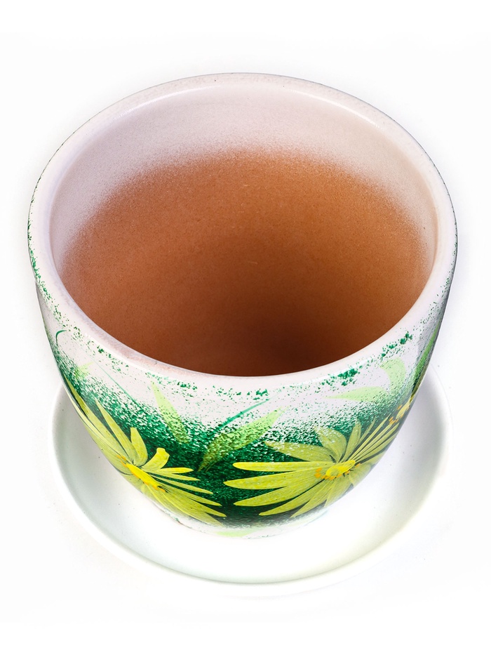 Горшок цветочный «Гербера», керамический, с поддоном, 1 л, белый с зелёным рисунком