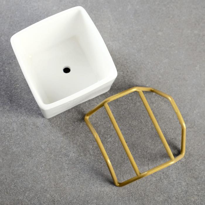 Горшок для цветов «Куб», 100 мл, 5.4×5.1×3.7 см, керамический, на золотистой металлической подставке, белый