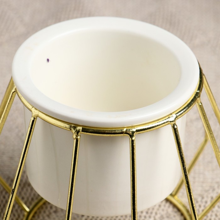 Декоративное кашпо для цветов, 180 мл, d=8.5 см, h=10 см, керамика, белое, на золотистой подставке