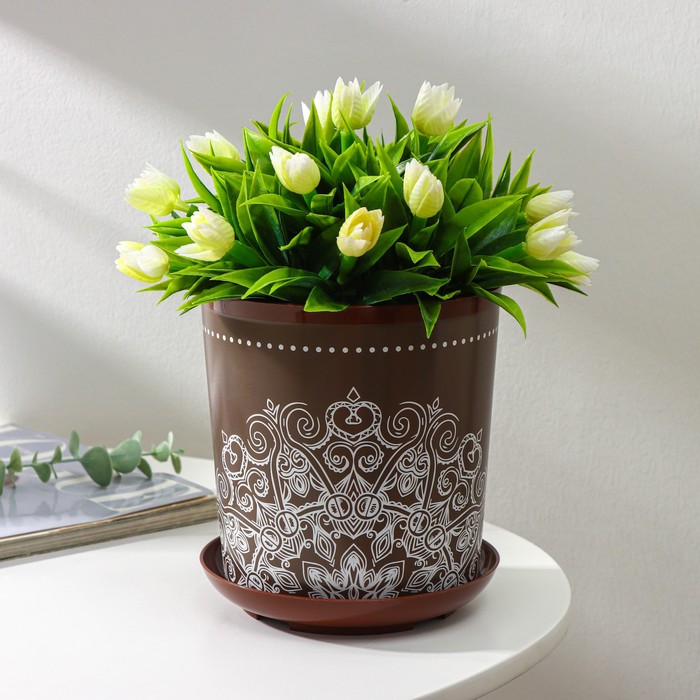 Горшок для цветов с поддоном Доляна «Кракле», 1.6 л, d=14 см, h=15.5 см, цвет коричневый