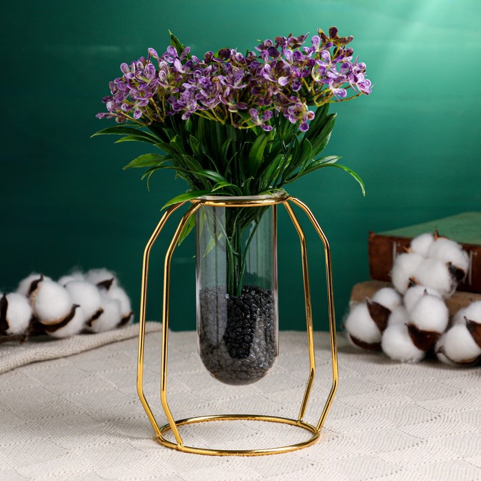 Декоративное кашпо для цветов «Пробирка», 210 мл, d=5 см, h=12 см, стеклянное, на золотистой подставке