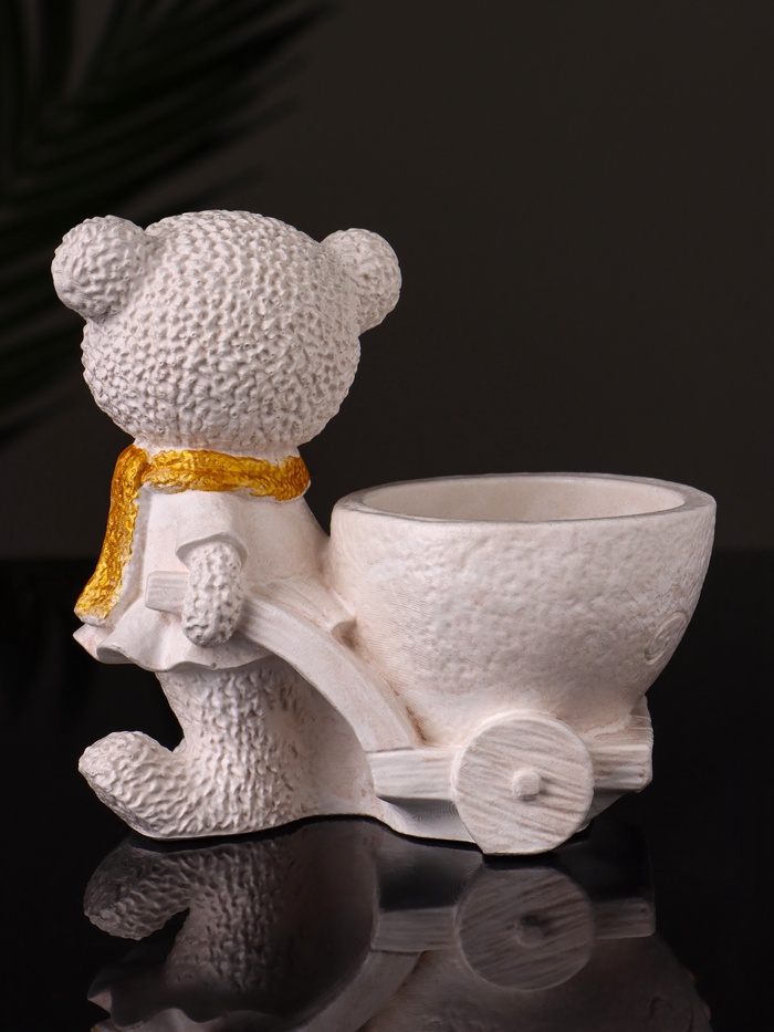 Кашпо гипс «Медведица с тележкой», 10×10×6 см, слоновая кость