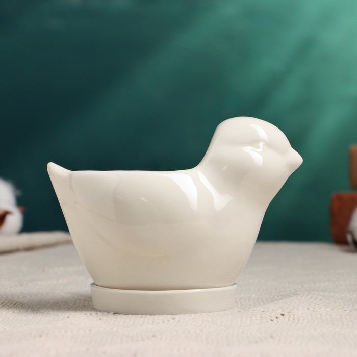 Декоративный горшок для цветов «Птичка», 250 мл, 12×8.5 см, керамика, с поддоном, белый, Greengo