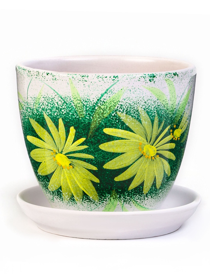 Горшок цветочный «Гербера», керамический, с поддоном, 1 л, белый с зелёным рисунком
