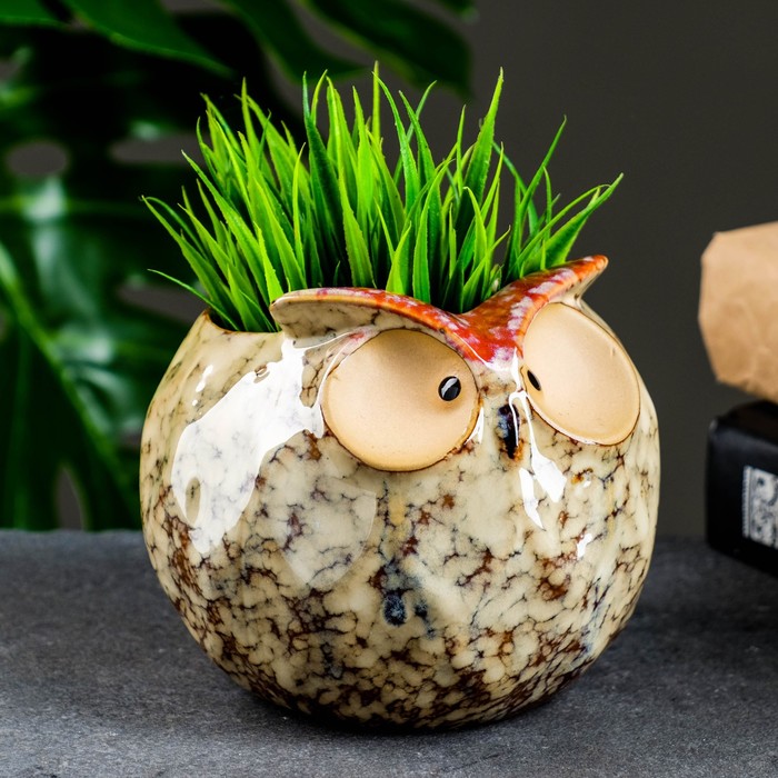 Декоративный горшок для цветов «Совёнок», 550 мл, 11×11.5×10 см, керамика, бежевый