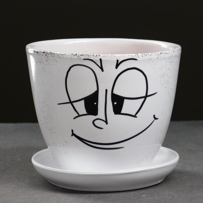 Горшок для цветов «Настроение», 1 л, d=15 см, h=13 см, керамика, с поддоном, белый
