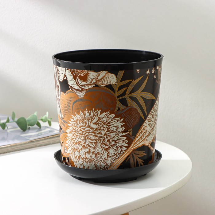 Горшок для цветов с поддоном Доляна «Голди.Птицы», 1.6 л, d=14 см, h=15.5 см, пластиковый, цвет чёрный