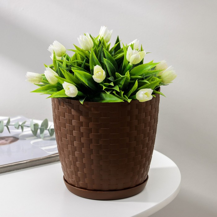 Горшок для цветов с поддоном «Ротанг», 2 л, d=15 см, h=15 см, пластиковый, коричневый