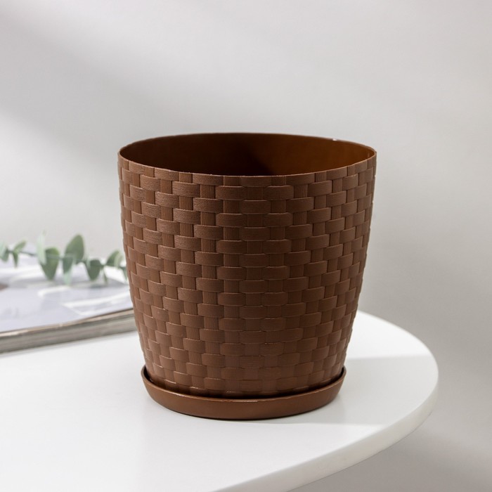 Горшок для цветов с поддоном «Ротанг», 1.2 л, d=13 см, h=12 см, пластиковый, коричневый