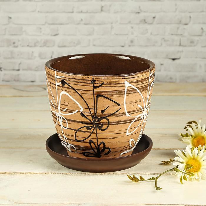 Горшок для цветов «Витраж», 1 л, d=15 см, h=13 см, керамика, с поддоном, коричневый