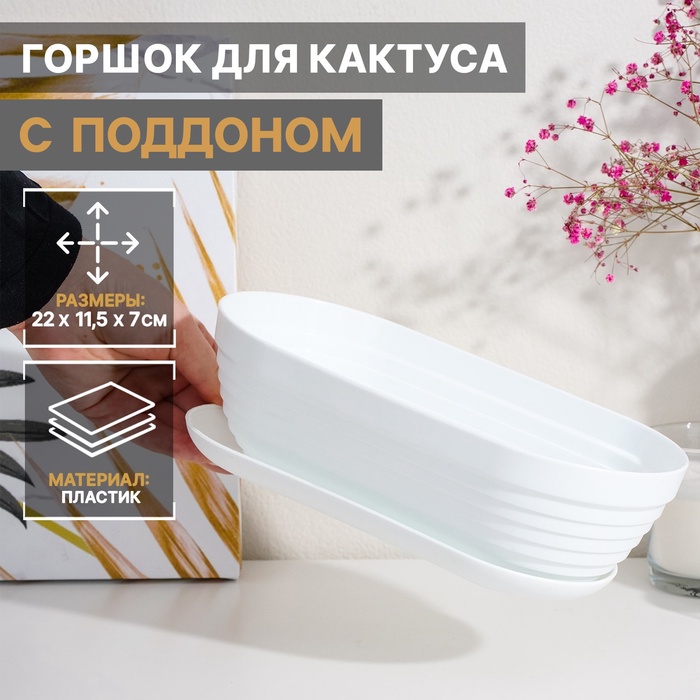 Горшок для кактуса с поддоном «Алиса», 900 мл, пластиковый, белый