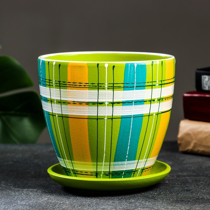 Горшок цветочный с поддоном 1,4 л, разноцвет, керамика,