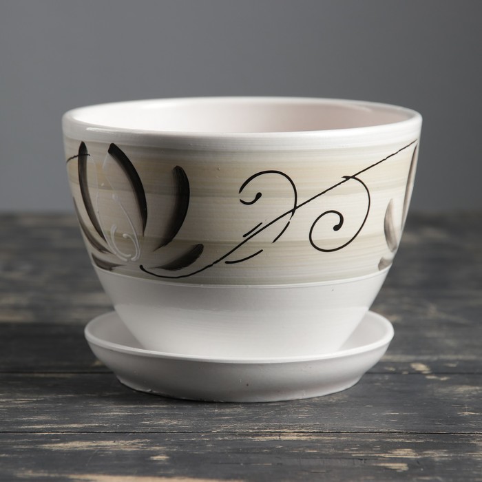 Горшок для цветов «Лотос», керамический, с поддоном, 1.45 л, белый с зелёными полосками