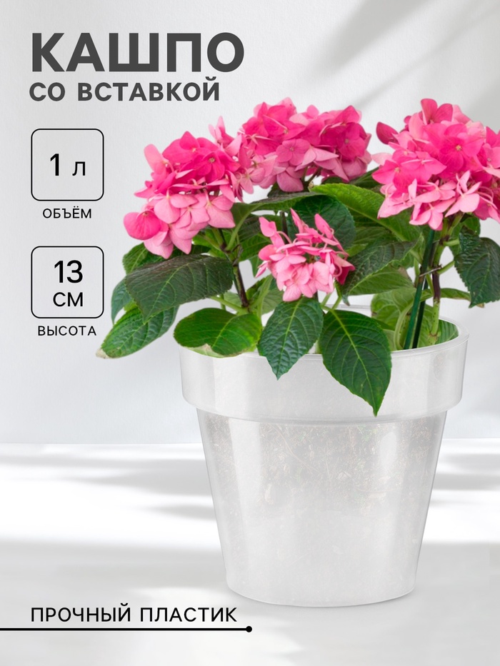 Кашпо для цветов со вставкой Plast-Avenue «Порто», 1 л, пластик, прозрачное