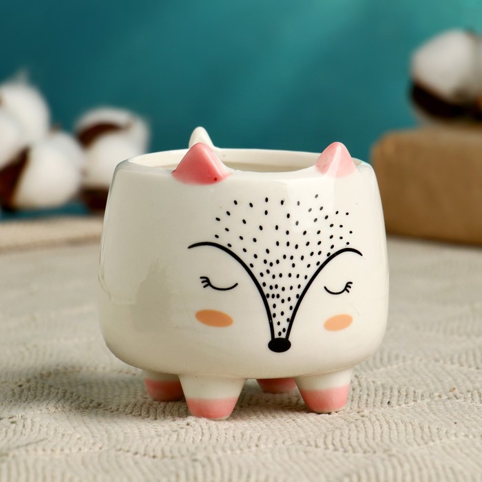 Декоративный горшок для цветов «Счастливый Лисёнок», керамический, 200 мл, 8×8×8 см, на ножках, белый