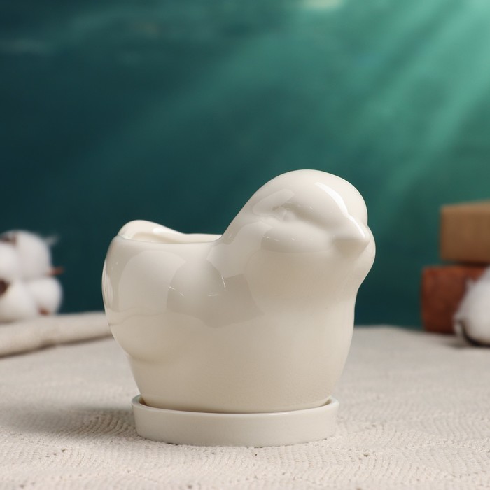 Декоративный горшок для цветов «Птичка», 250 мл, 12×8.5 см, керамика, с поддоном, белый, Greengo